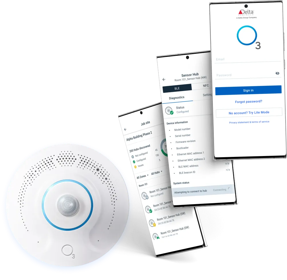 The sensor hub beside two Android phones — the job-site hub list and BLE/NFC diagnostics