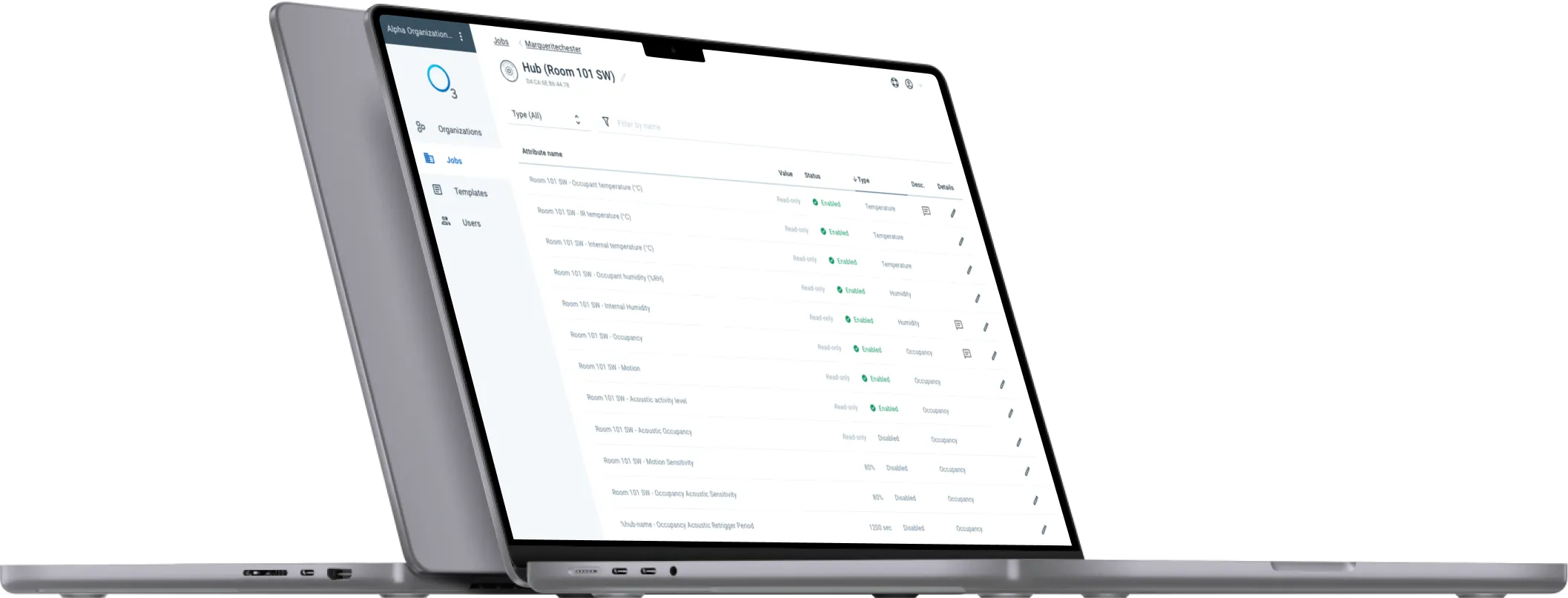 The O3 web app on a MacBook — a job's sensor-hub attribute list: status, type, enabled or disabled