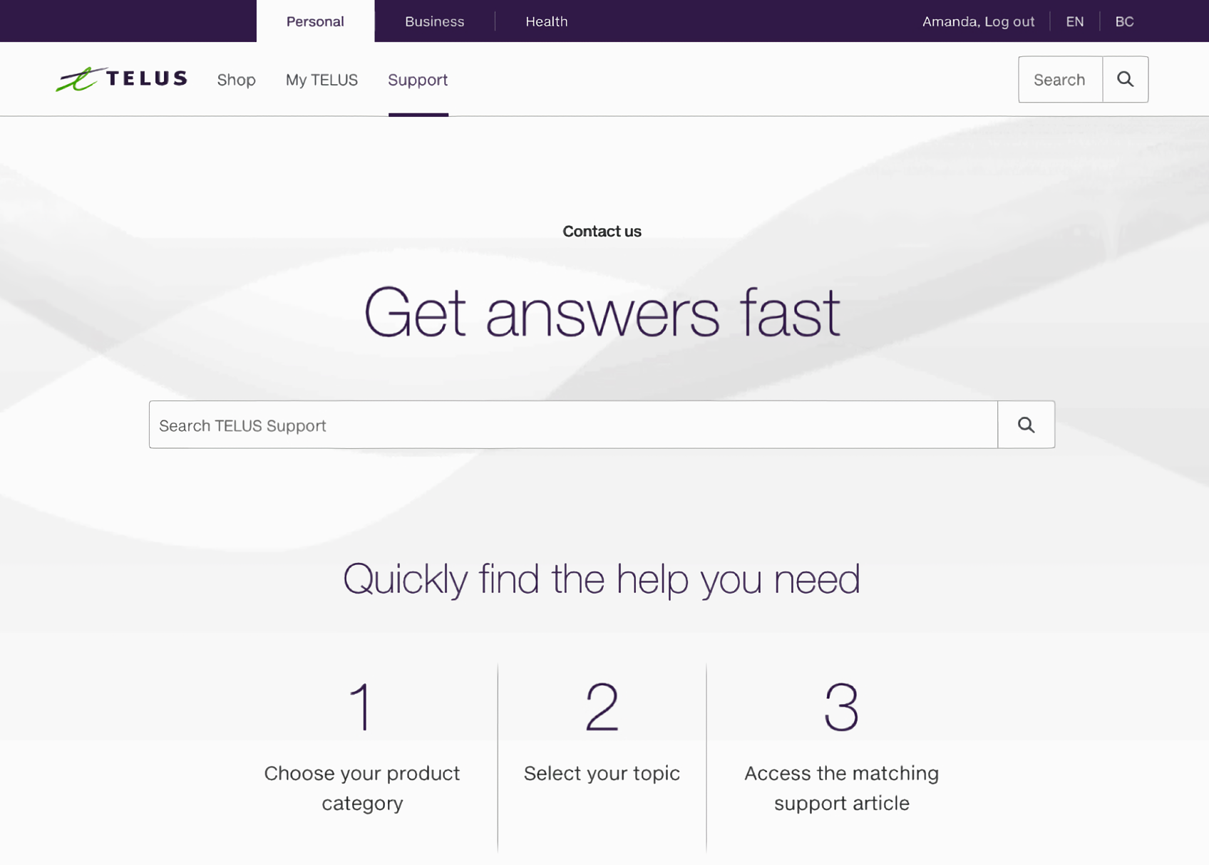 The redesigned TELUS Support home page on desktop