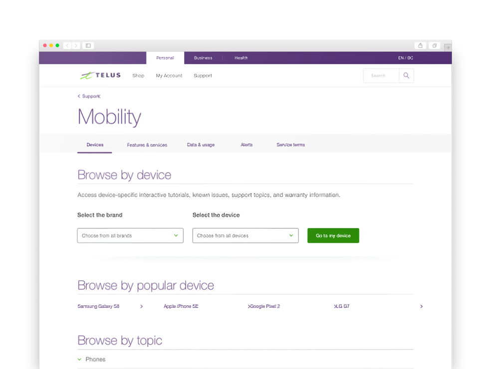 The Mobility support page in a desktop browser