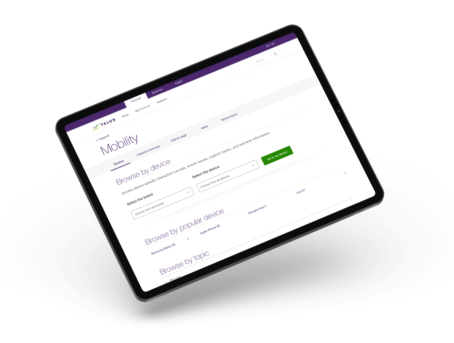 The same Mobility support page on a tablet